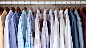Fashion clothes on clothing rack - bright colorful closet. Closeup of color choice of trendy female wear on hangers in