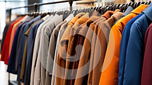 Fashion clothes on clothing rack - bright colorful closet. Closeup of color choice of trendy female wear on hangers in