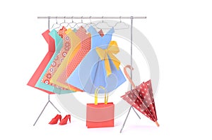 Fashion clothes: doll rack and hangers made of wire with ladies paper dresses, umbrella, purse, handbag and shoes