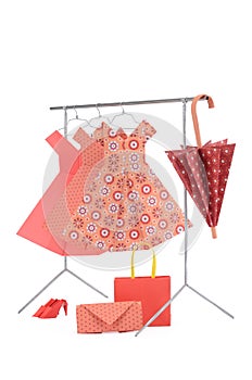 Fashion clothes: doll rack and hangers made of wire with ladies paper dresses, umbrella, purse, handbag and shoes