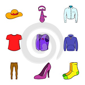Fashion clothes icons set, cartoon style