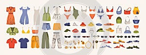 Fashion clothes mega set. Summer garments and accessories, stylish woman apparel, dresses swimsuits t-shirts pants shoes