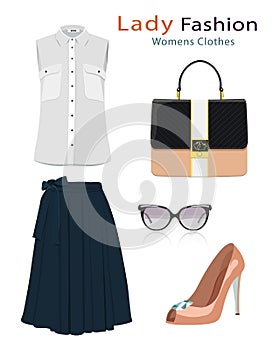 Fashion clothes set with accessories. Realistic colorful detailed woman clothing. Flat style.