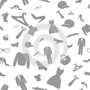 Fashion clothes shopping icons vector background. Seamless pattern, design illustration, silhouette accessories.