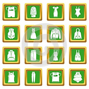 Fashion clothes wear icons set green square vector