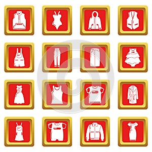 Fashion clothes wear icons set red square