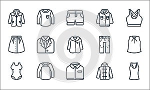 fashion and clothing line icons. linear set. quality vector line set such as vest, shirt, swimsuit, coat, shirt, skirt, jeans,