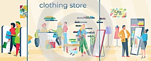 Fashion clothing store banner, group people male female character together shopping shoes and garment flat vector