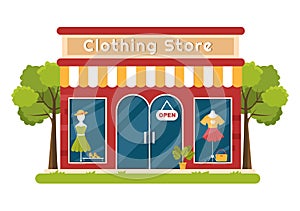 Fashion Clothing Store for Women Template Hand Drawn Cartoon Flat Illustration with Shopping Buying Products Cloth or Dresses