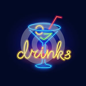 Fashion cocktail, alcoholic drink neon sign. Night bright signboard, Glowing light. Summer logo, emblem for Club or bar