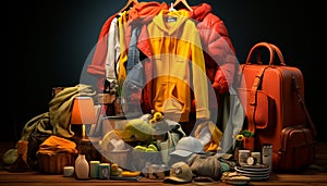 Fashion collection clothing, bag, shirt, luggage, garment, suitcase, coathanger, jacket generated by AI