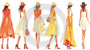 Fashion collection of women in summer clothes and hats.