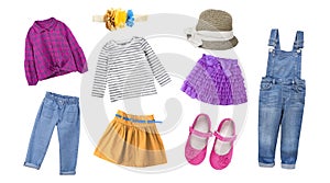 Fashion  colorful child girl`s clothing,bright collection of kid`s apparel,baby garment set,collage of clothes isolated