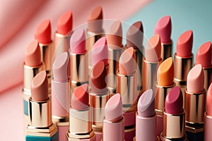 Fashion colorful Lipsticks over pastel pink and blue background, make-up concept. Generative ai