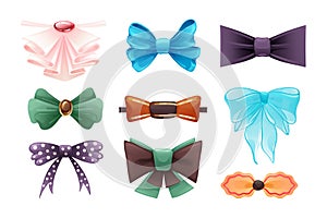 Fashion colorful tie bow accessories cartoon with tied ribbons for Christmas invitation. Color silk bow for lady and gentleman for