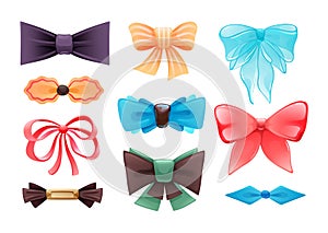 Fashion colorful tie bow accessories cartoon with tied ribbons for Christmas invitation. Color silk bow for lady and gentleman for