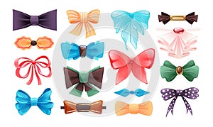 Fashion colorful tie bow accessories cartoon with tied ribbons for Christmas invitation. Color silk bow for lady and gentleman for