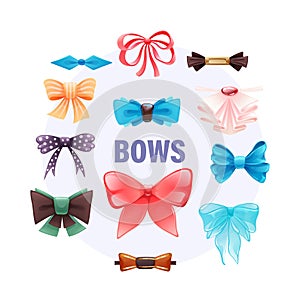 Fashion colorful tie bow accessories cartoon with tied ribbons for Christmas invitation. Color silk bow for lady and gentleman for