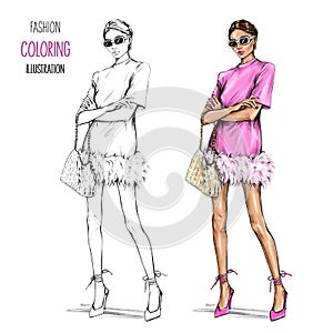 Fashion coloring illustration. Beautiful woman in pink dress. Stylish girl full length body.