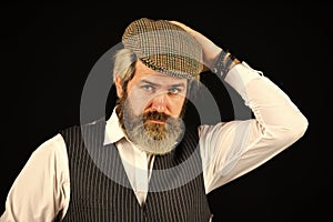 Fashion concept. bearded man hipster isolated on black. male vintage fashion. businessman farmer with dyed blonde beard