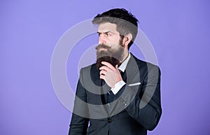 Fashion concept. Guy wear formal outfit. Impeccable style. Businessman fashionable outfit stand violet background. Man
