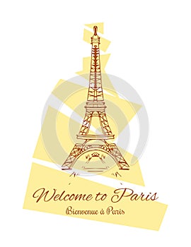 Fashion cool card vector Eiffel tower drawing with signature welcome to Paris on English and french