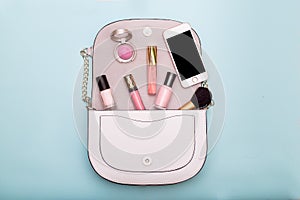 Fashion Cosmetic Makeup.Women`s accessories in a bag