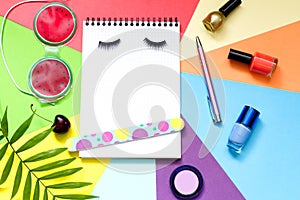 Fashion cosmetics beauty abstract lifestyle blog background with notebook and accessories