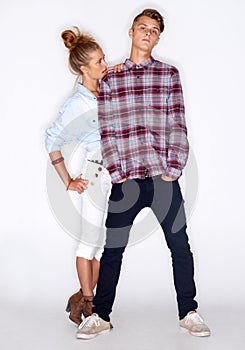 Fashion, couple and clothes with style and people, trendy and stylish isolated on white background. Young, serious man