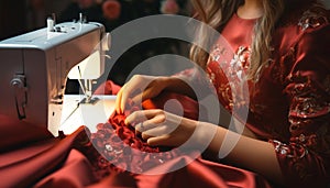 Fashion creativity blooms as a womans hands, with red manicure, sew diligently