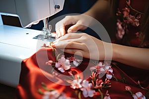Fashion creativity blooms as a womans hands, with red manicure, sew diligently
