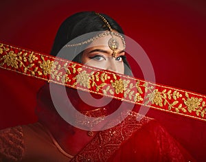 Fashion, culture and portrait of Indian woman with veil in traditional clothes, jewellery and sari. Religion, beauty and