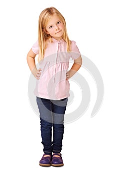 Fashion, cute and portrait of child in studio with stylish, cool and trendy outfit for kids. Happy, sweet and full body