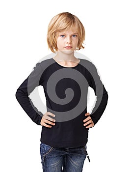 Fashion, cute and portrait of child in studio for trendy, girl student and casual style. Beauty, cool and mockup with