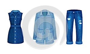 Fashion denim clothes set. Trendy female jeans, jacket and dress vector illustration