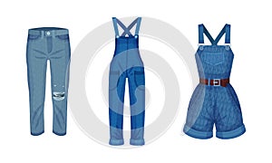 Fashion denim clothes set. Trendy female jeans, overalls, jumpsuit vector illustration