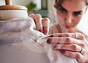 Fashion, design and hands of woman with mannequin, focus and creative small business clothing boutique. Closeup