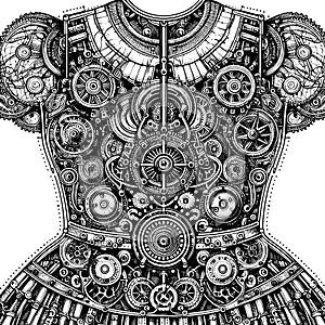 Fashion design, mechanical iron dress. Sketch board imitation. Raster, generative ai.