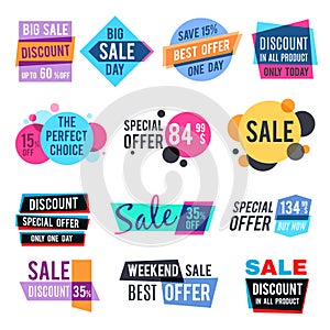 Fashion design pricing tags and discount labels vector templates with color multiply effect