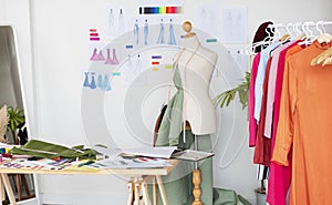Fashion design studio for sewing and cutting clothes, designer clothes, manufacturing, craft product
