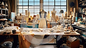 A fashion designer\'s studio with dress forms, fabric swatches, and sewing equipment, representing the creative process of photo