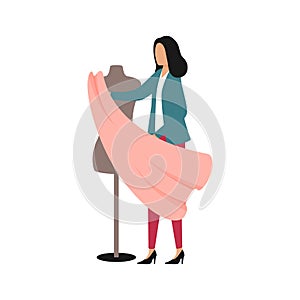 Fashion designer trying on fabric on a mannequin. Flat vector illustration. Woman holds in her hands a cut of textile for tailorin