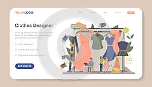 Fashion designer web banner. Professional tailor master sewing or fitting clothes landing page.