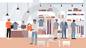 Fashion discount sales in clothing shop flat vector illustration, cartoon man shopaholic buyer characters shopping