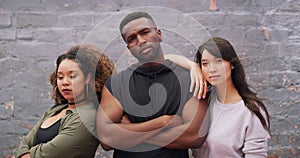 Fashion, diversity and confident friends arms crossed outdoor on a brick wall background together for attitude. Portrait