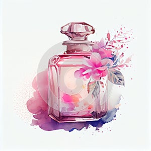 Fashion drawing, sketch, illustration. Watercolor glass perfume bottle, two fragrance, art print wall art. stylish