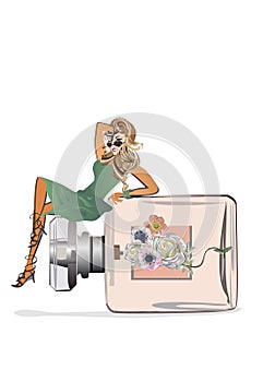 Fashion elegant blond woman sitting on the perfume decorated with flowers.