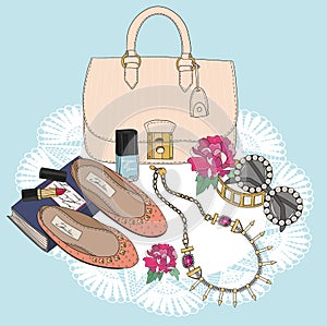 Fashion essentials. Background with bag, sunglasse