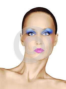 Fashion Face With Blue Eye Shadow and Pink Lipstick