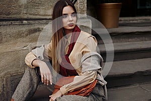 Fashion Female Model In Fashionable Clothes Posing In Street